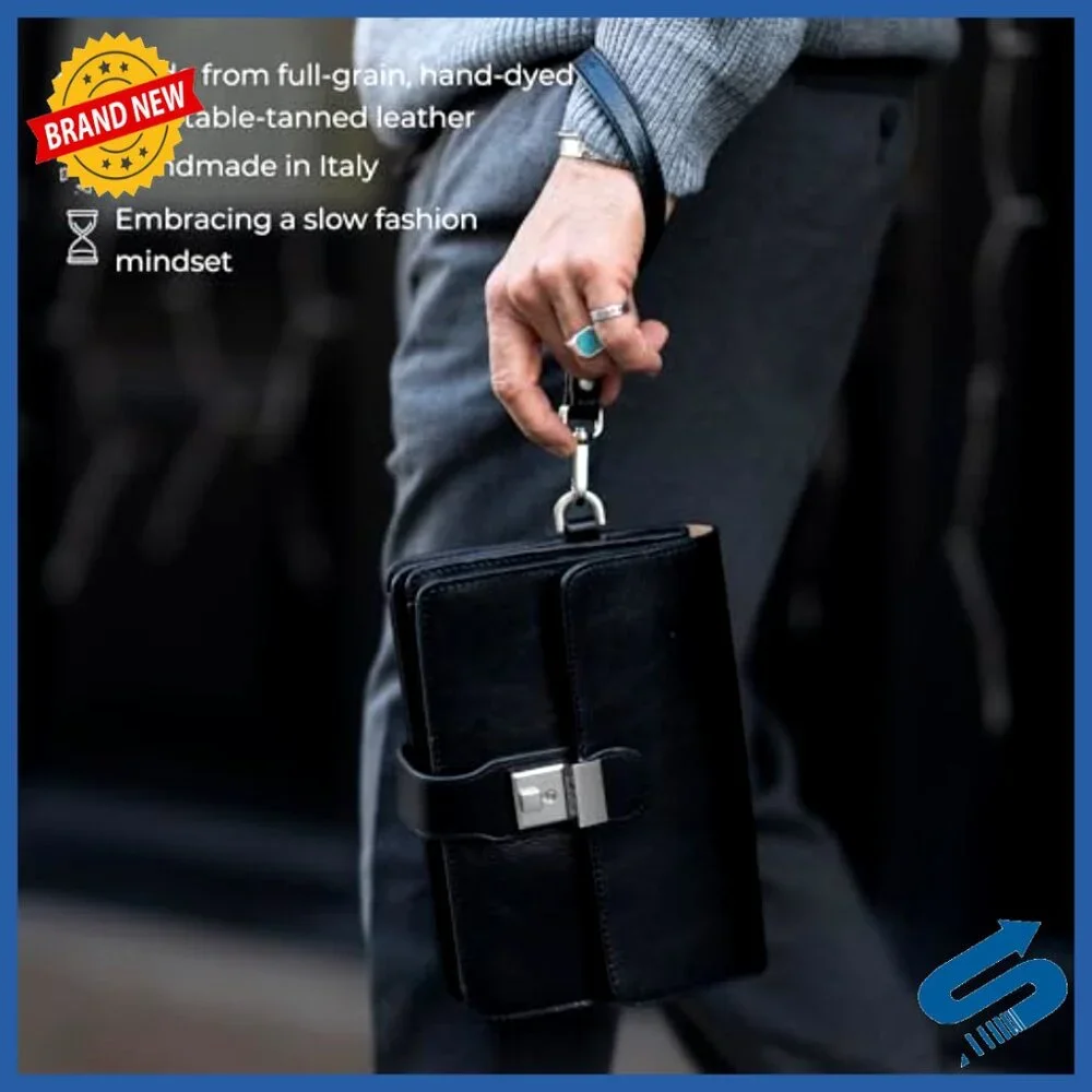 Italian Leather Briefcase Clutch with Wrist Strap, Multi-Pocket Organizer